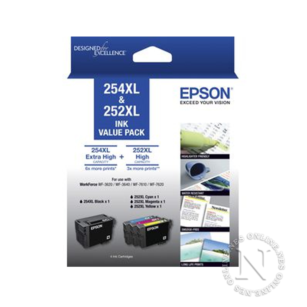 Epson Genuine 254XL Black & 252XL Color Value Pack->WF-3620/WF-3640/WF-7610/WF-7620